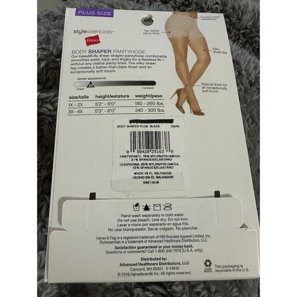 2,Hanes Style Essentials Body Shaper Pantyhose 3X/4X Black Silky Sheer Leg Plus - Picture 2 of 9